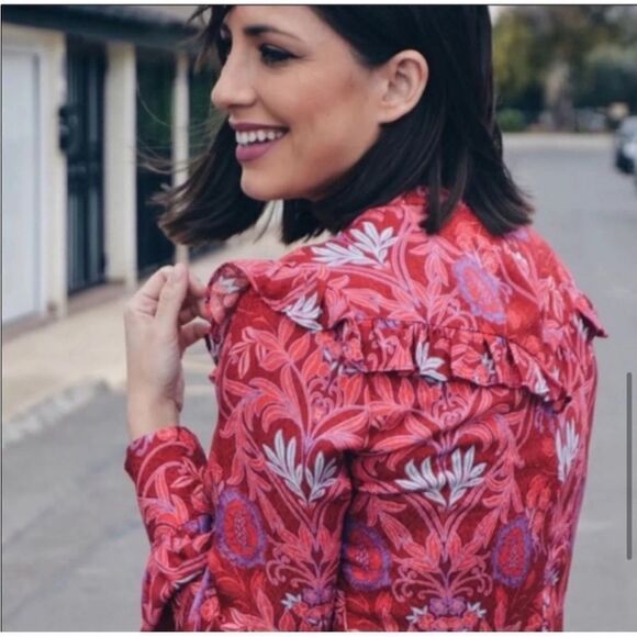 Zara Alexis Rose Mulberry Red Paisley Print Ruffle Peasant Mini Dress Size XS - Picture 11 of 11